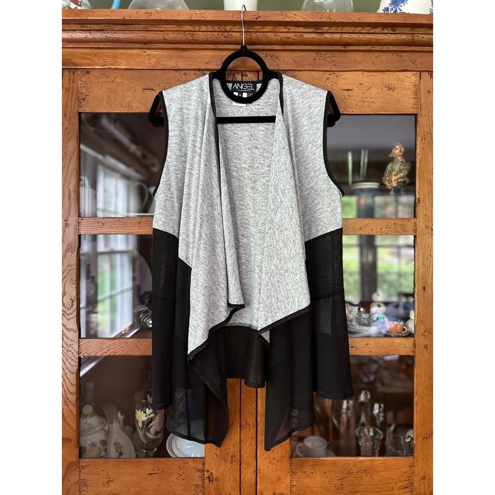 EUC Angel Apparel Cardigan Vest Duster Light Gray Sheer Black Tiered XL
